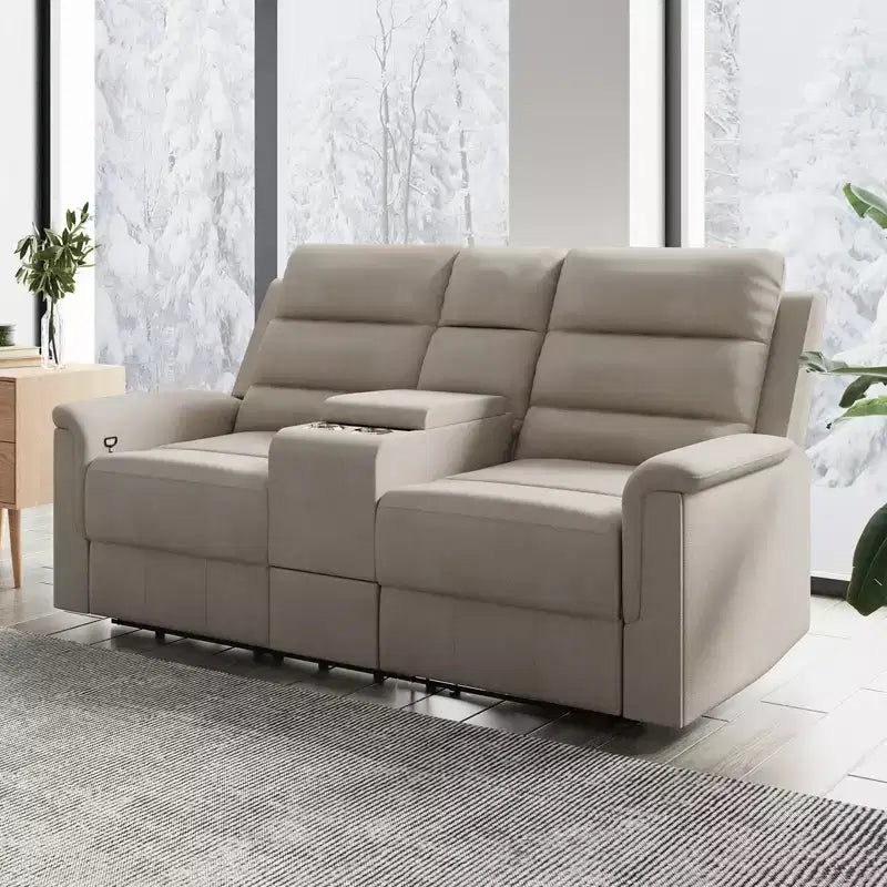 Beige-graues Relaxsofa aus Tech-Gewebe, 2-Sitzer, mit verstellbarer Rückenlehne und Fußstütze
