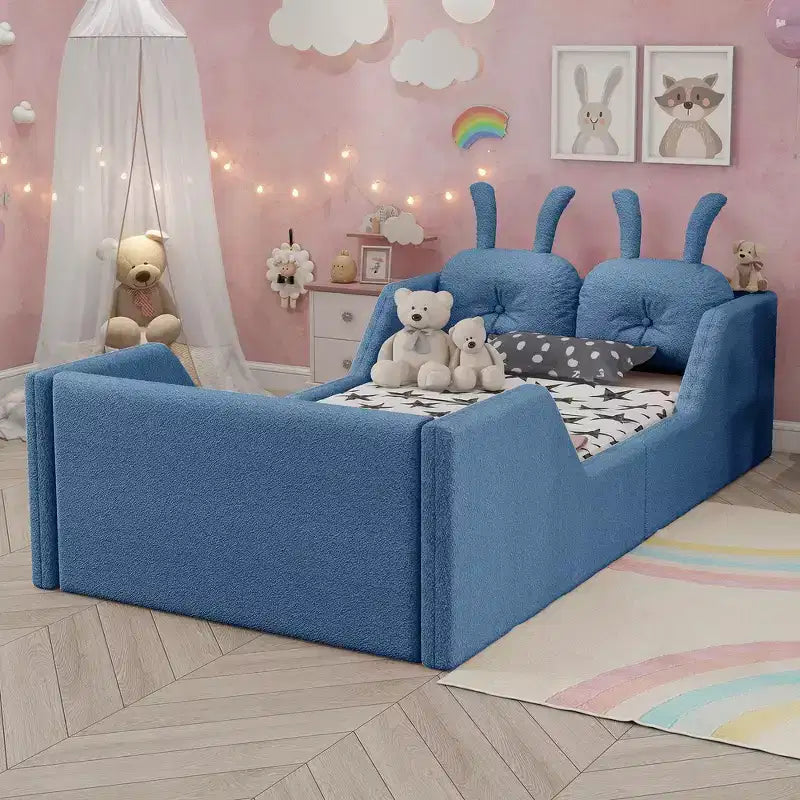 Whisen Einzelbett mit Plattform, gepolstertes Bodenbettgestell für Kinder mit Hasenkissen und abnehmbaren Seitengittern