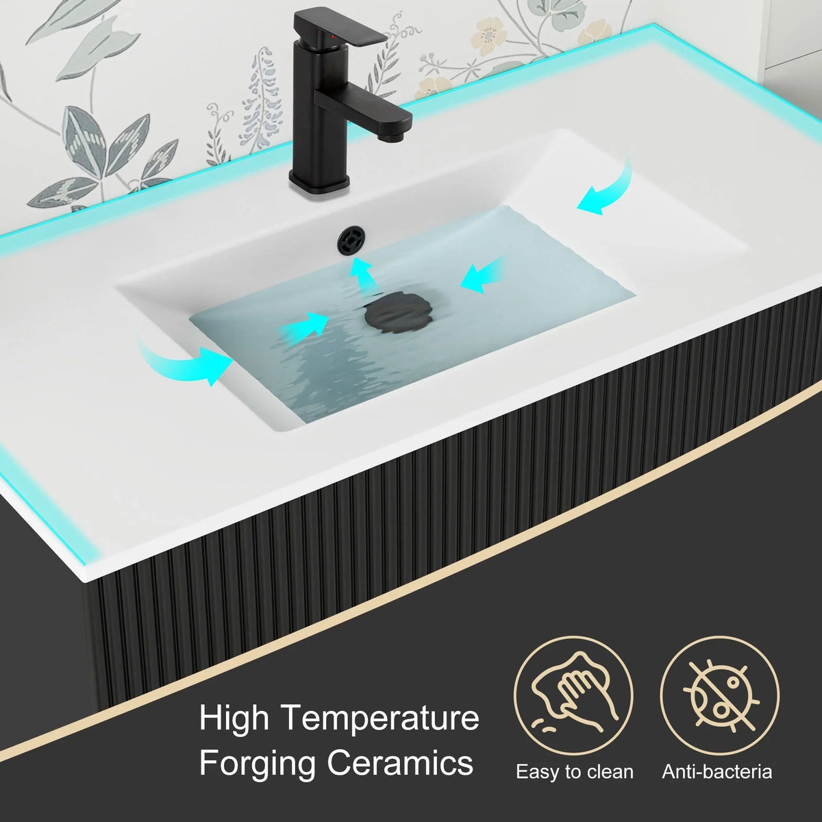 Wavy Line Badezimmermöbel-Set mit Waschbecken und Wasserhahn, 30/36/48 Zoll