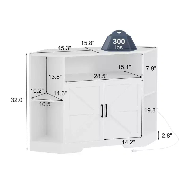 Meuble TV d’angle pour téléviseurs jusqu’à 55 pouces, console multimédia de style ferme avec porte de grange, étagères ouvertes et placard de rangement, blanc
