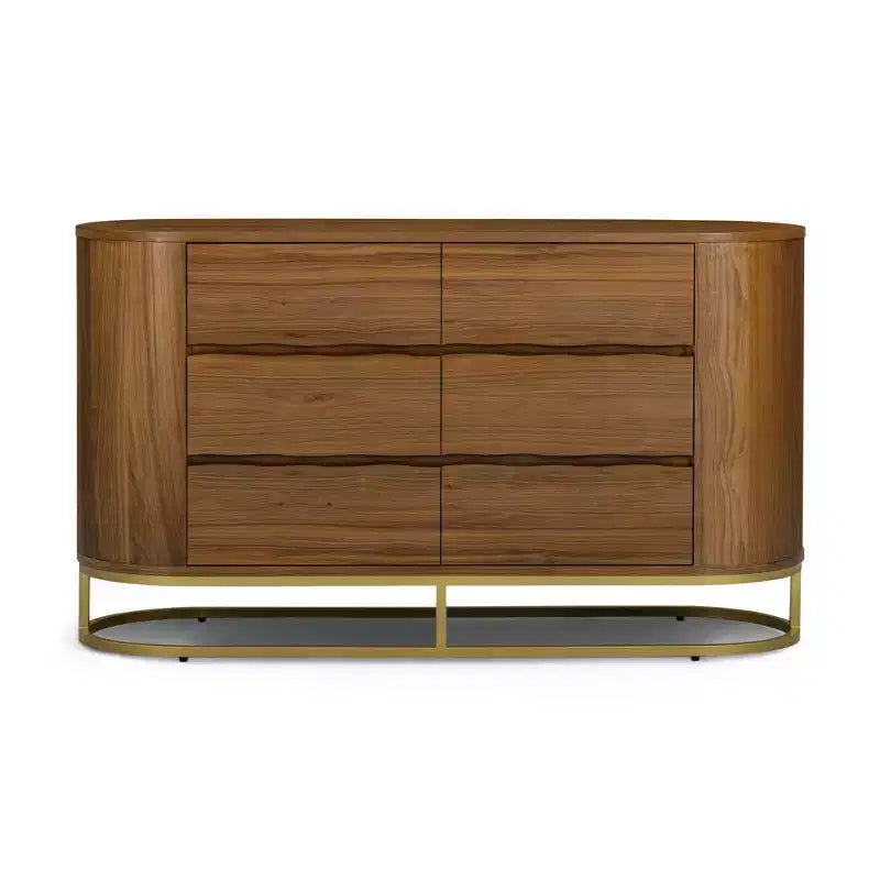 Moderner Schrank mit 6 Schubladen, Baumkanten-Design, Metallgestell und robuster Konstruktion aus Mischholz