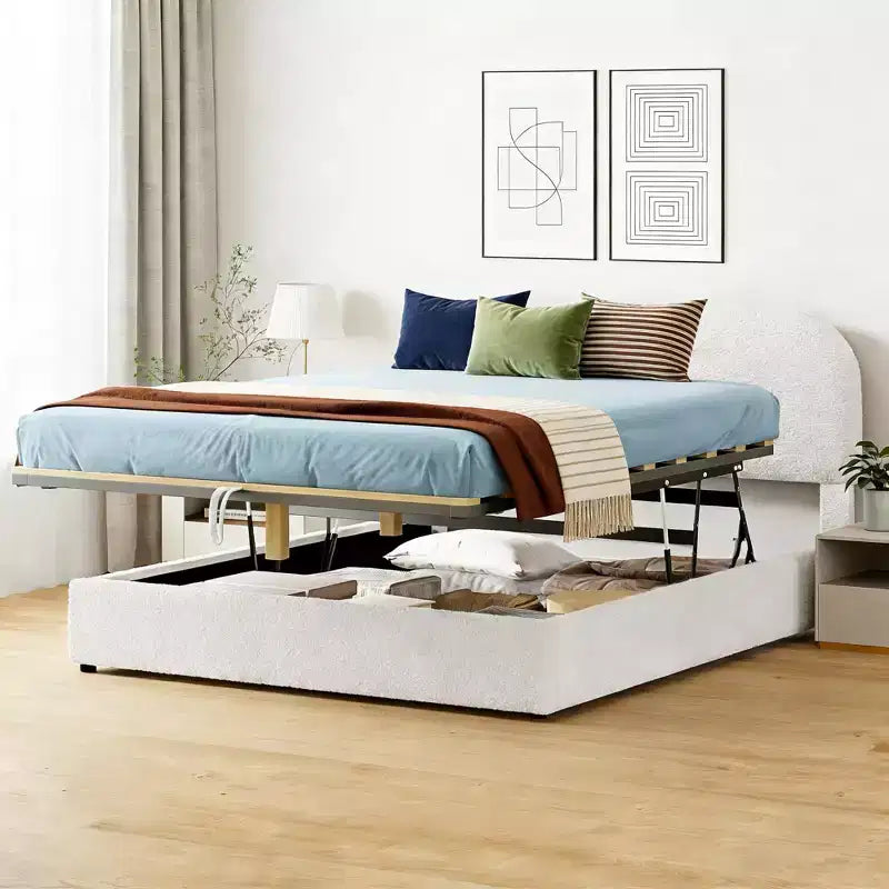 Letto imbottito matrimoniale con contenitore sollevabile - bianco