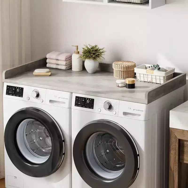 Plan de travail pour lave-linge et sèche-linge, plateau de buanderie avec rebord surélevé et tapis antidérapant pour panier à linge, rangement et organisation de la buanderie