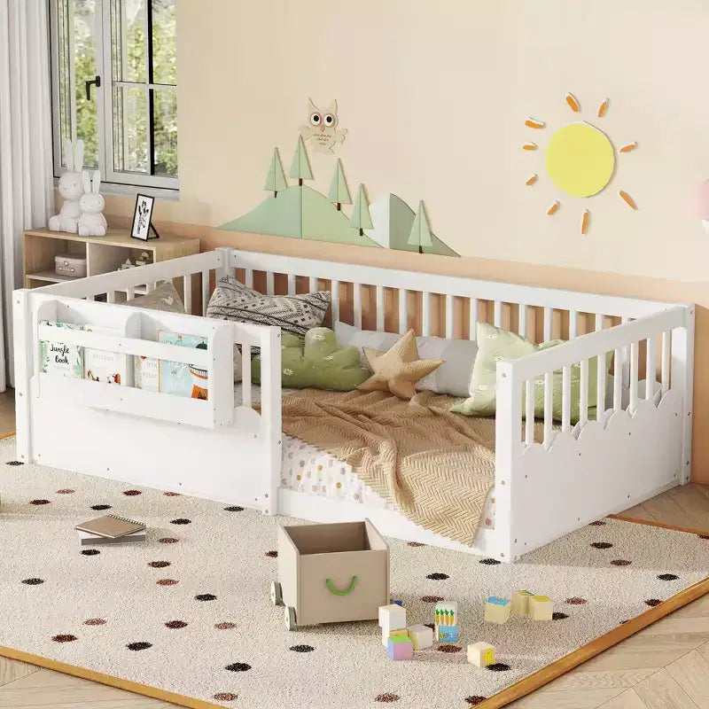 Bellemave Kinder-Bodenbett mit erhöhtem Rausfallschutz und Bücherregal, hölzernes Montessori-Einzelbettgestell für Mädchen und Jungen