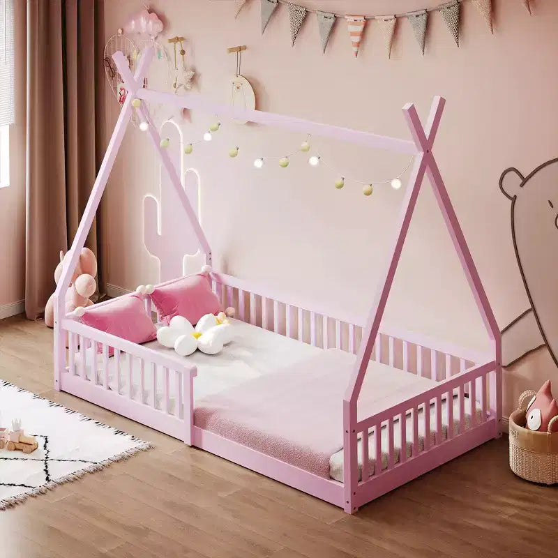 Lit au sol pour enfants, lits-tentes 1 place, lit Montessori au sol avec lattes et barrières, cadre de lit cabane en bois pour garçons et filles
