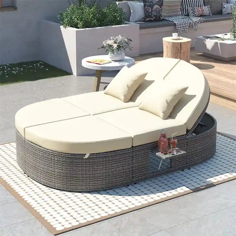 Letto prendisole da esterno per patio, daybed per 2 persone con cuscini e guanciali