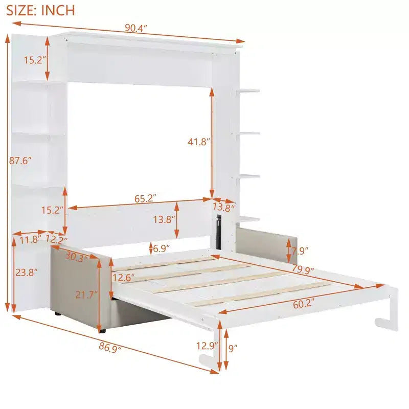 Queen-Murphy-Bett zum Herunterklappen mit Sofa, Schrankbett in Queensize zum Falten mit Bücherregal und Einlegeböden für Gästezimmer oder Büro