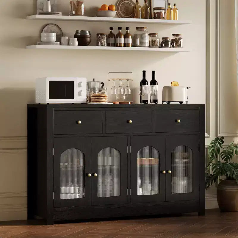 Buffet étroit de 140 cm avec rangements, meuble d’appoint avec 3 tiroirs et 4 portes pour cuisine, salle à manger et salon