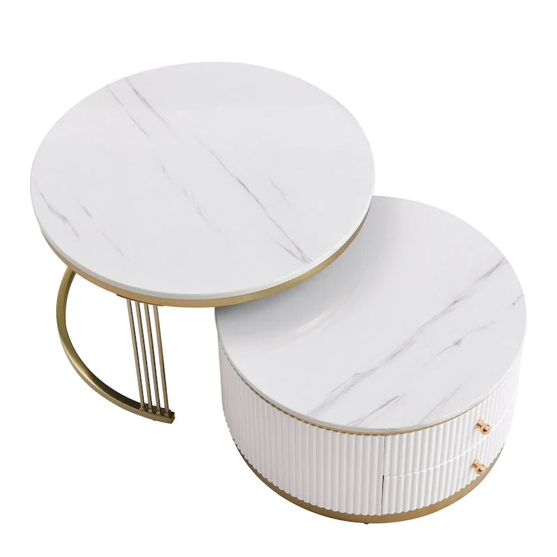 Set di 2 tavolini da salotto rotondi bianchi sovrapponibili con cassetti