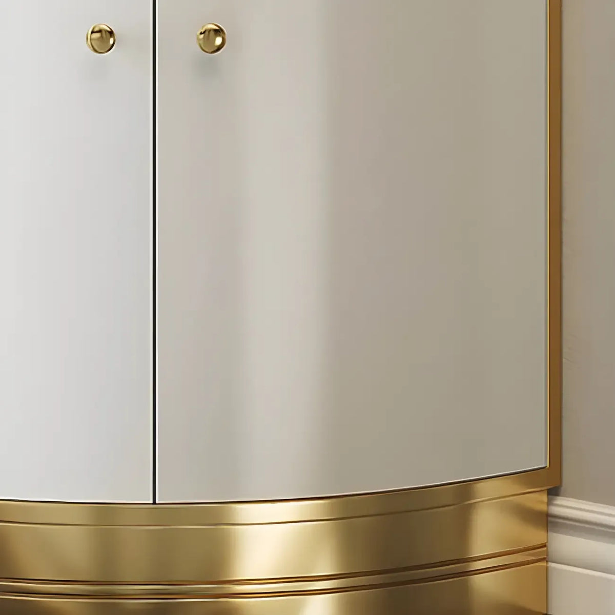Vitrina de canto glamorosa com vidro brilhante e metal dourado, de formato arredondado