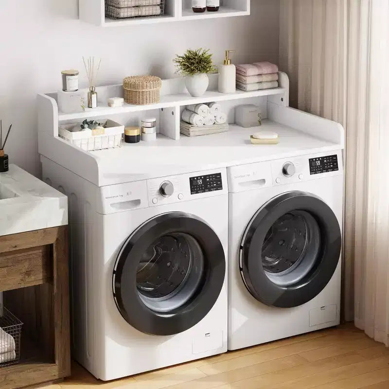 Dessus de lave-linge et sèche-linge en bois, plan de travail de buanderie de 54 po avec étagère de rangement à 2 niveaux, surface de travail antidérapante avec rebords pour l'organisation de la buanderie