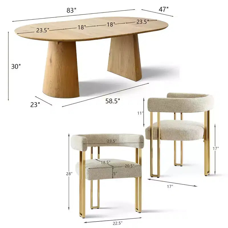 Conjunto de mesa de jantar extensível de redonda para oval com 4 cadeirões de veludo, design moderno com pé central, acomoda até 8 pessoas-Panipeachy