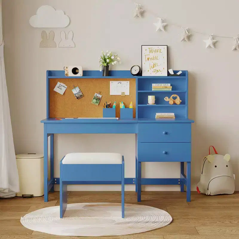 Ensemble bureau et chaise pour enfants, table d’étude en bois avec plateau inclinable réglable, tiroirs et tableau en liège – ensemble bureau d’apprentissage scolaire pour enfants