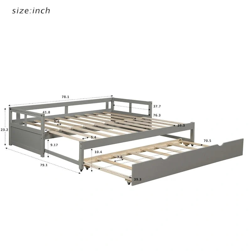 Letto da giorno allungabile con letto estraibile, letto da giorno in legno con letto estraibile