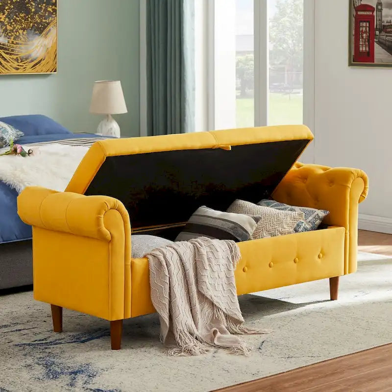 Stauraumbank fürs Schlafzimmer, Bettbank mit gerollten Armlehnen, Samt-Ottomane und lange Couch