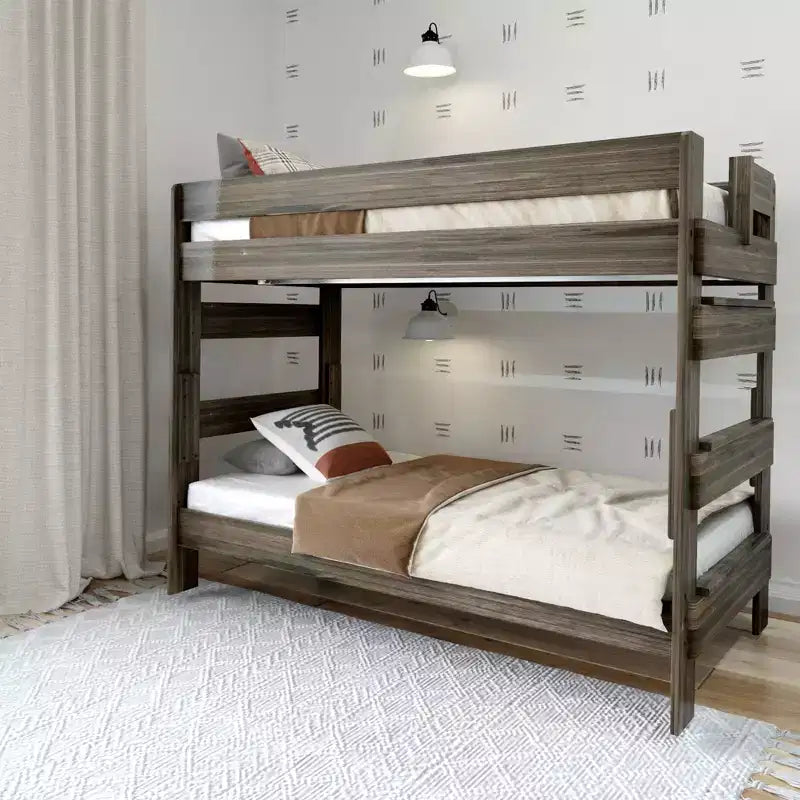 Plank+Beam, piętrowe łóżko dwuosobowe typu twin over twin z litego drewna w stylu farmhouse dla dorosłych