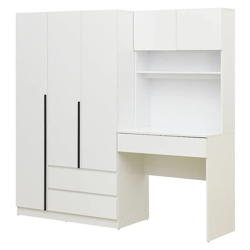 3-in-1-Kleiderschrank mit Schminktisch, Schreibtisch-Set, Schlafzimmerschrank mit 2 Schubladen, 3 Türen und Stauraum