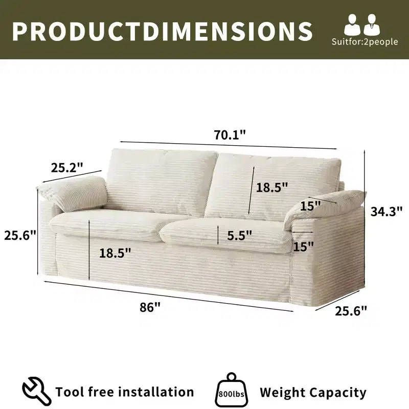 Dyonery 86 Cloud Loveseat-Sofa mit tiefer Sitzfläche und breiten Armlehnenkissen, stabilem Rahmen und atmungsaktivem ergonomischem Design