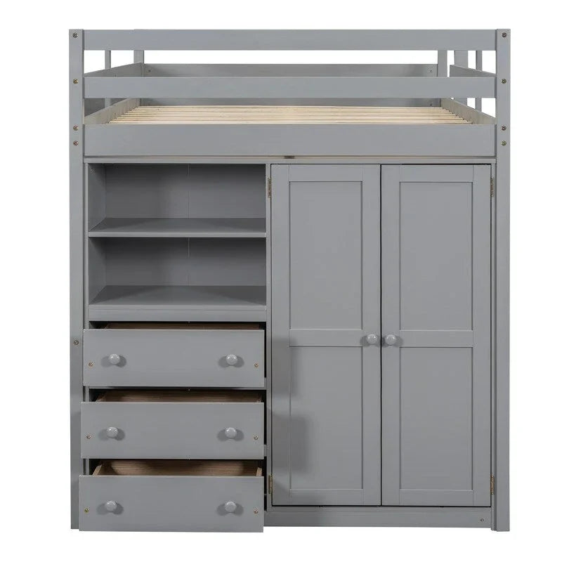 Hochbett aus Holz in voller Größe mit integriertem Kleiderschrank, Schreibtisch, Ablagefächern und Schubladen