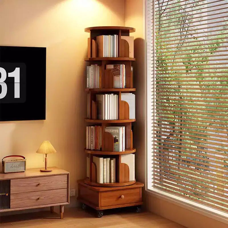 Chic Crate schmales Eckbücherregal mit 6 Ebenen, 360° drehbar und mit Rollen, für kleine Räume, Walnussbraun