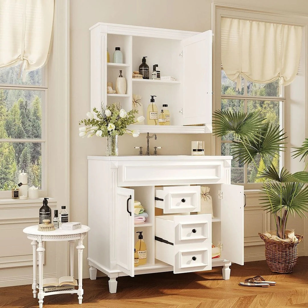 36-Zoll moderner Waschtischunterschrank mit Aufsatzwaschbecken und Spiegelschrank, 2 Türen und 2 Schubladen
