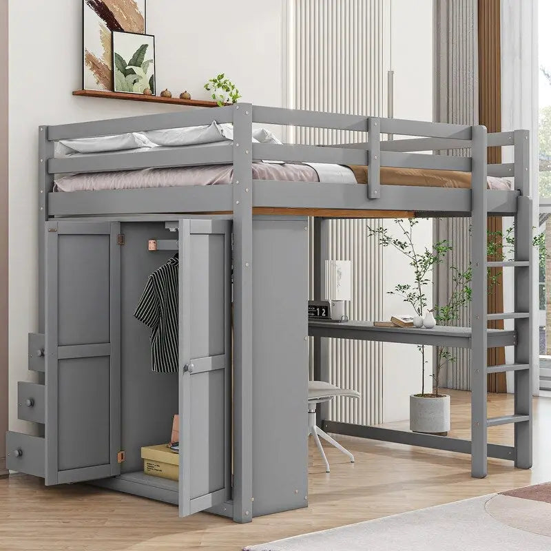 Hochbett aus Holz in voller Größe mit integriertem Kleiderschrank, Schreibtisch, Ablagefächern und Schubladen