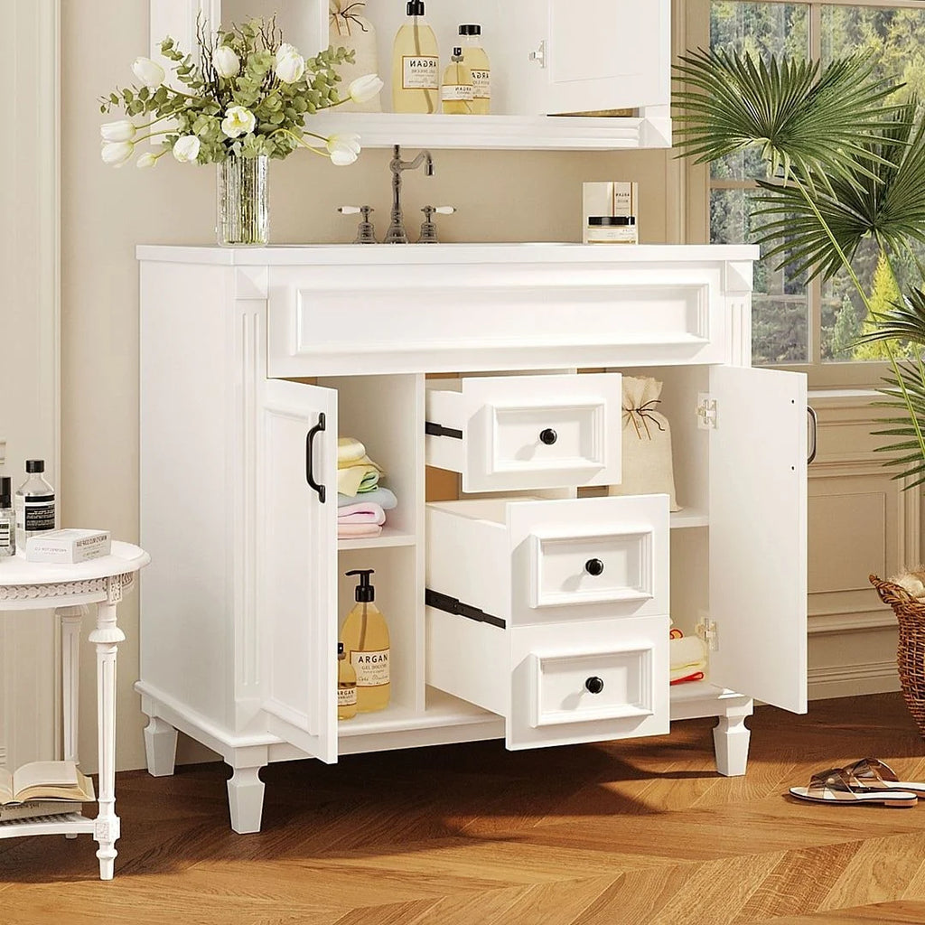 36-Zoll moderner Waschtischunterschrank mit Aufsatzwaschbecken und Spiegelschrank, 2 Türen und 2 Schubladen