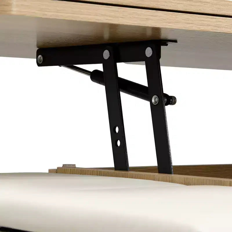 Mesa de centro moderna multifunções com tampo elevável, arrumação oculta, 4 bancos e rodízios, perfeita para espaços de estar modernos