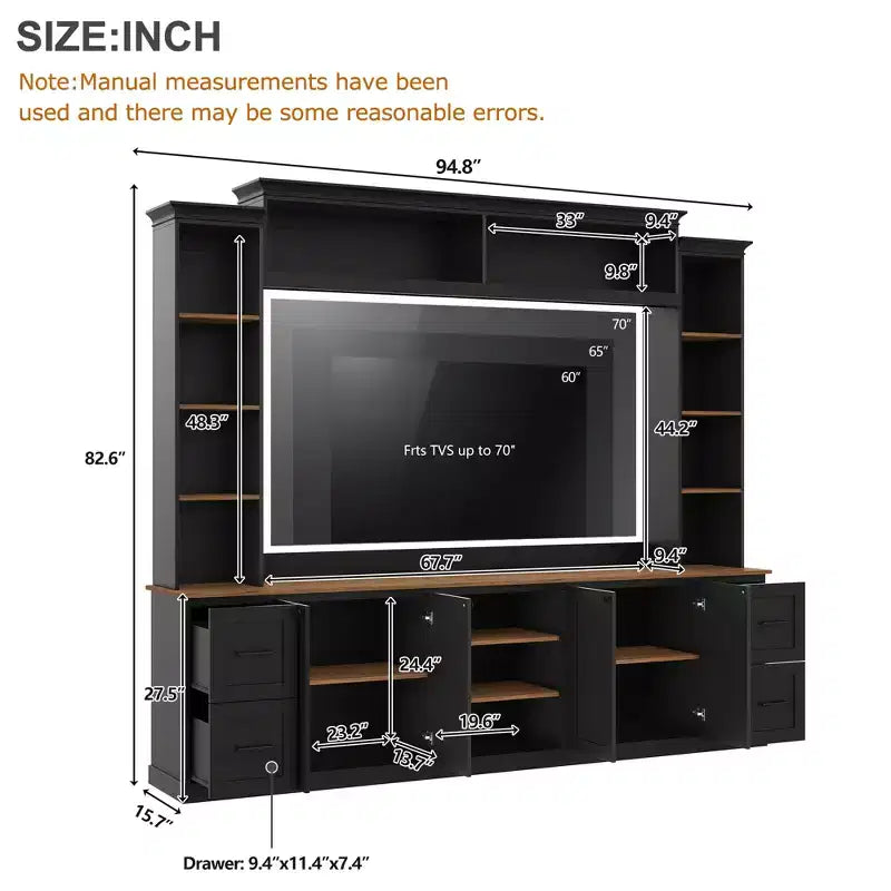 Ensemble mural de centre multimédia de style ferme 4-en-1 ModernLuxe, compatible avec les téléviseurs jusqu'à 70 pouces, meuble TV avec étagères réglables et tiroirs