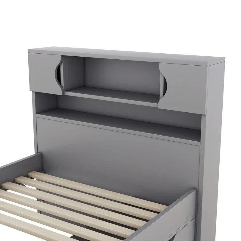 Letto a piattaforma Captain matrimoniale o singolo con 4 cassetti e ripiani contenitori, struttura in legno massello con testiera libreria contenitore