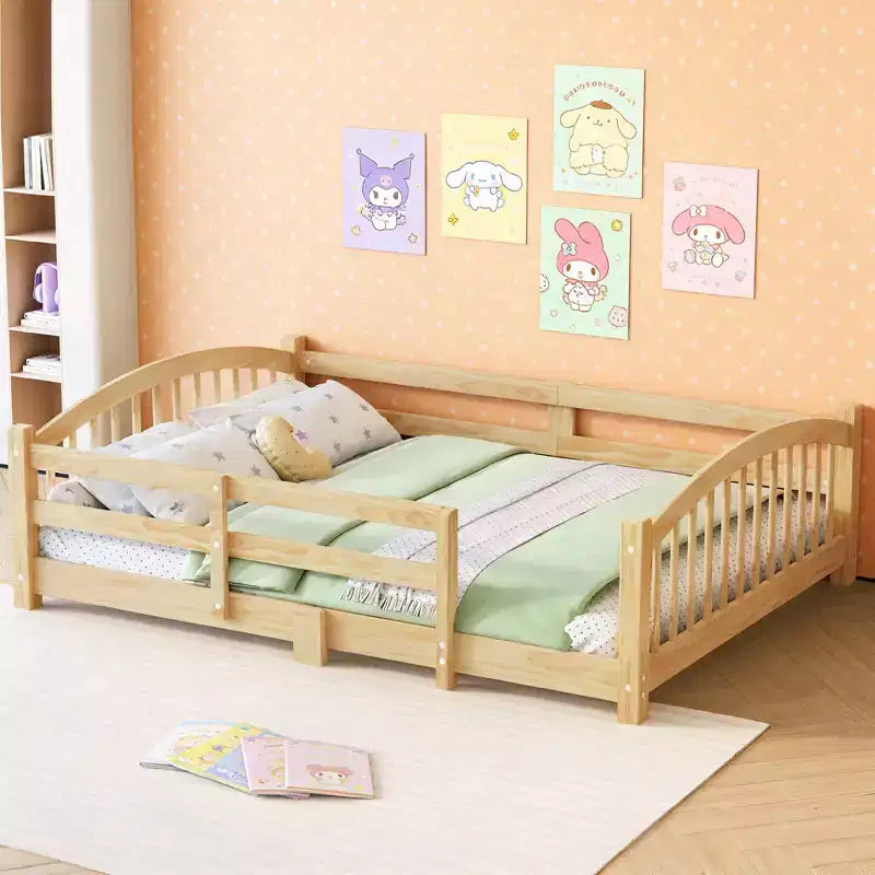 Lit Montessori bas Luxystar, taille double, avec barrières de sécurité et tête de lit