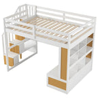 Lit mezzanine double en bois massif naturel et blanc avec bureau et tiroirs