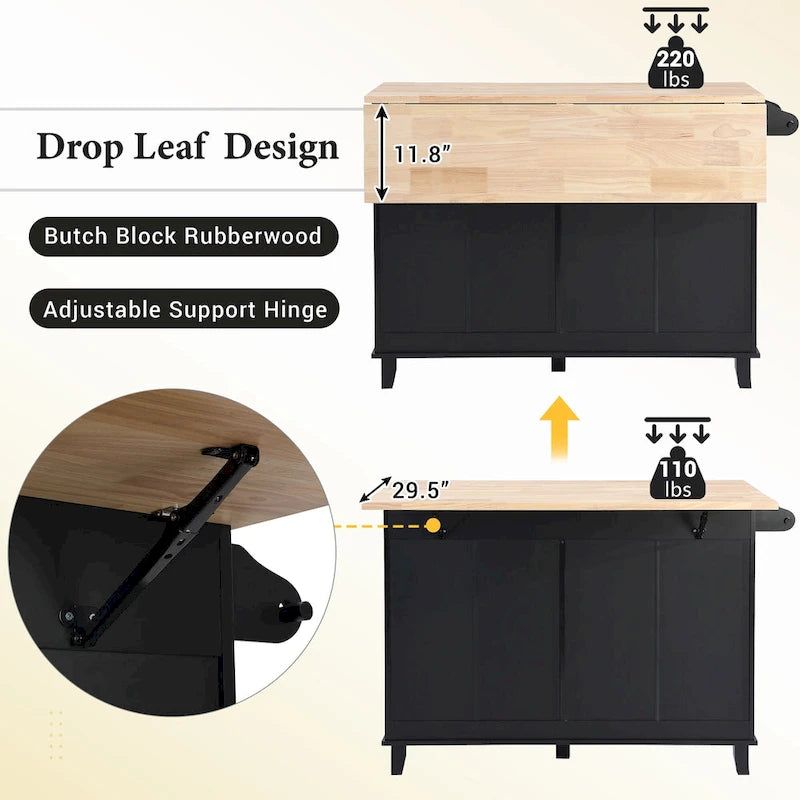 Ensemble îlot de cuisine TOPMAX avec rallonge rabattable et 2 places assises, ensemble table à manger avec étagère réglable, tiroirs et porte-serviettes