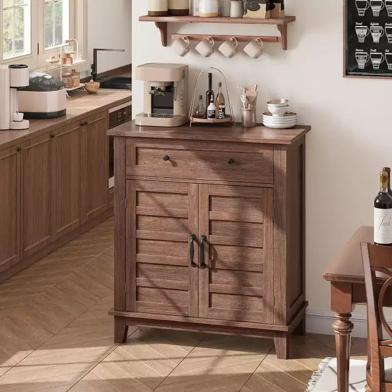 Rustikaler 80-cm-Stauraumschrank mit Lamellentüren, 3-fach höhenverstellbar, Doppeltürenschrank für Küche, Esszimmer und Homeoffice