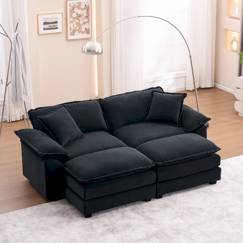 Zweisitzer-Sofa mit 2 Sitzkissen, 2 Kissen und 2 Hockern, bequemes Sofa – tiefes Wohnzimmer-Sofa, modulares Sofa