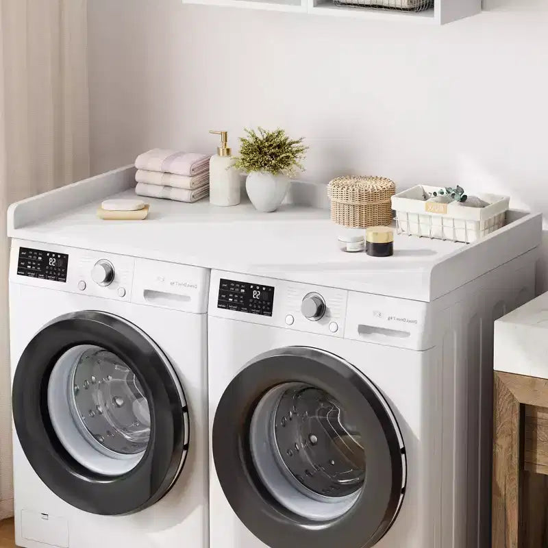 Plan de travail pour lave-linge et sèche-linge, plateau de buanderie avec rebord surélevé et tapis antidérapant pour panier à linge, rangement et organisation de la buanderie