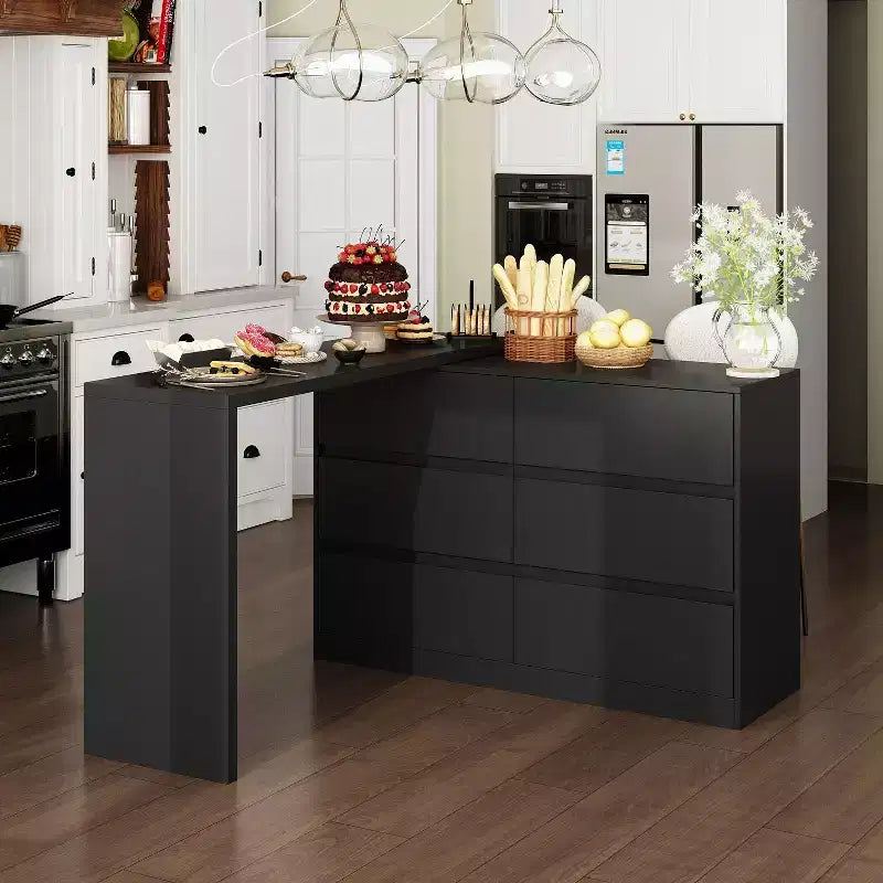 Drehbares/ausziehbares Smart-Buffet-Sideboard mit 6 Schubladen, verlängerter Tischplatte, rutschfester Matte, drehbarem Esstisch und Kücheninsel-Speisekammer