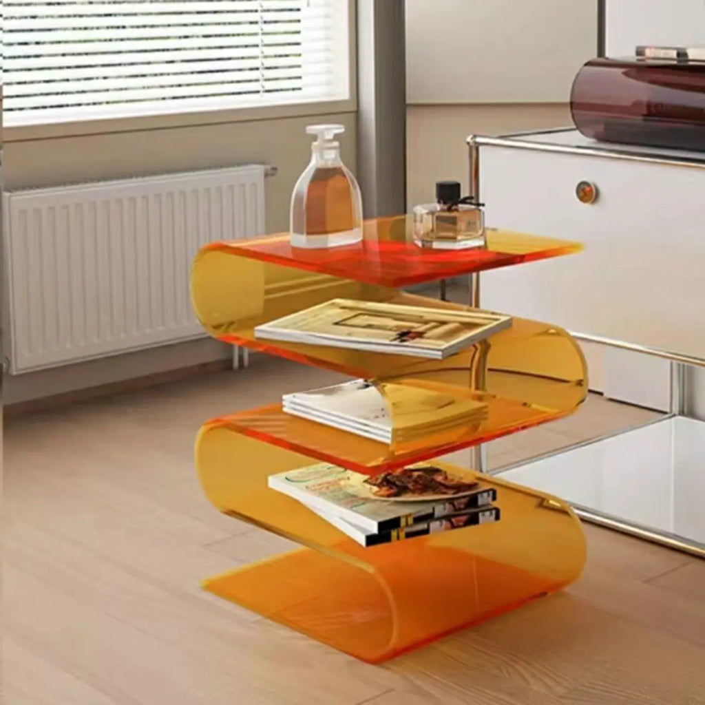Moderní akrylátový odkládací stolek ve tvaru S s úložným prostorem