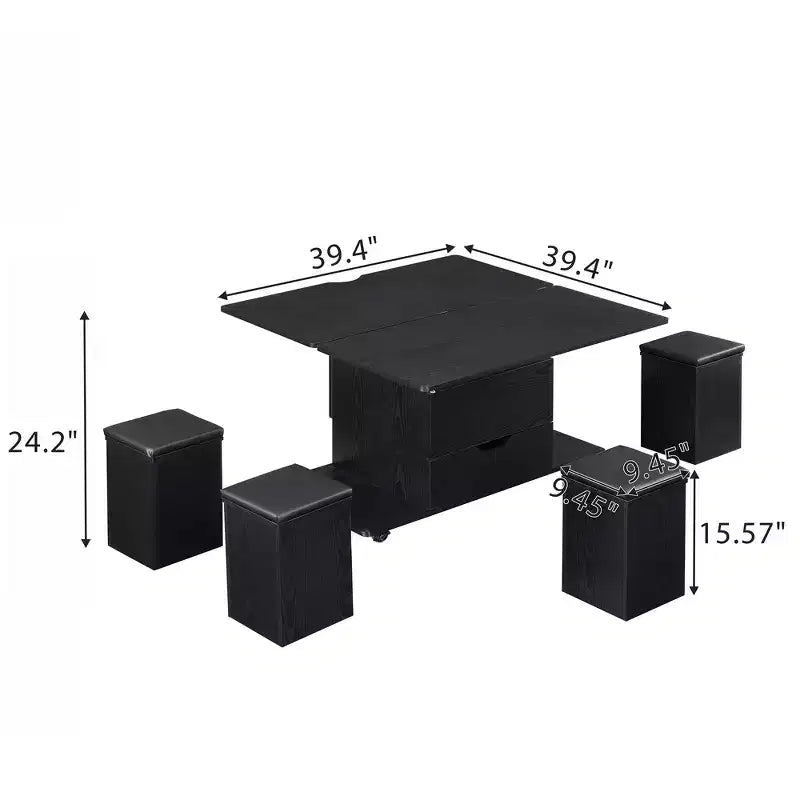 Mesa de centro moderna multifunções com tampo elevável, arrumação oculta, 4 bancos e rodízios, perfeita para espaços de estar modernos