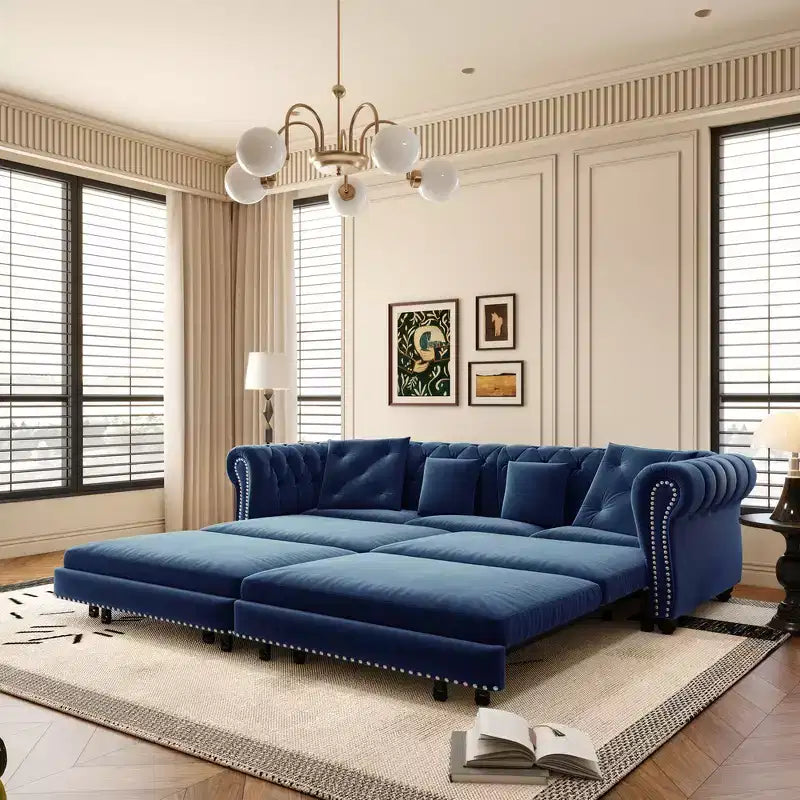 Whisen fluwelen 3-in-1 kingsize slaapbank en converteerbare slaapbank met verplaatsbare hocker, gecapitonneerd ontwerp