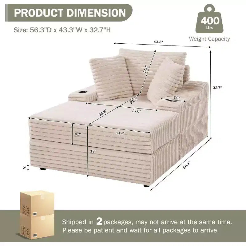 Übergroßer Indoor-Chaiselongue-Sessel mit Aufbewahrungshocker, gepolstertes Cord-Schlafsofa im Wolken-Design mit 3 Kissen, Einzel-Schlafsessel