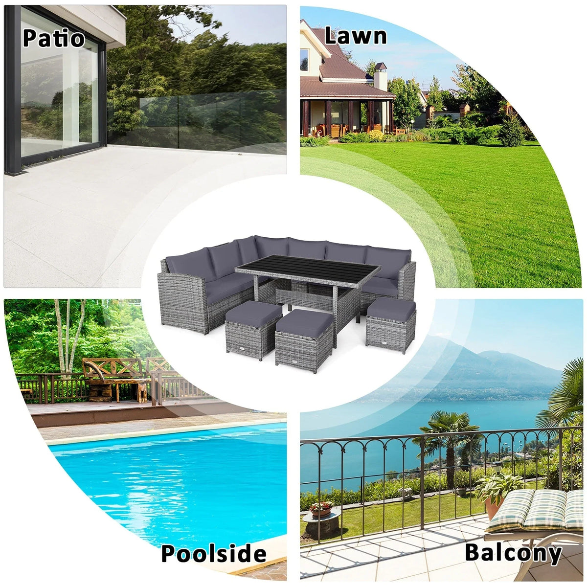 Costway 7-teiliges Dining-Set aus Polyrattan für die Terrasse mit Ecksofa, Couch und Hocker – Details anzeigen