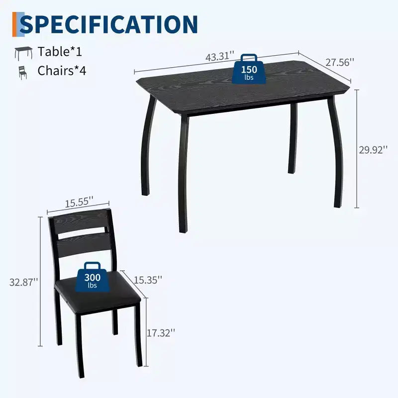 Ensemble table et chaises de cuisine à structure métallique en 5 pièces, avec design chanfreiné