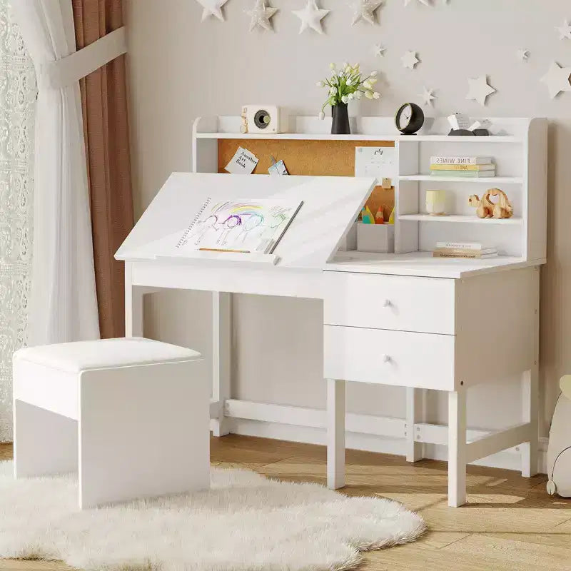 Ensemble bureau et chaise pour enfants, table d’étude en bois avec plateau inclinable réglable, tiroirs et tableau en liège – ensemble bureau d’apprentissage scolaire pour enfants