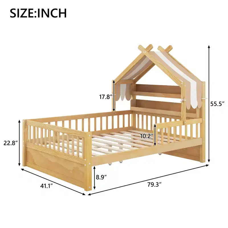 Cama-casa de madeira ModernLuxe para colchão individual/cama de casal com cabeceira com arrumação, estrutura de cama infantil em pinho maciço com grades de proteção