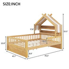 Cama-casa de madeira ModernLuxe para colchão individual/cama de casal com cabeceira com arrumação, estrutura de cama infantil em pinho maciço com grades de proteção
