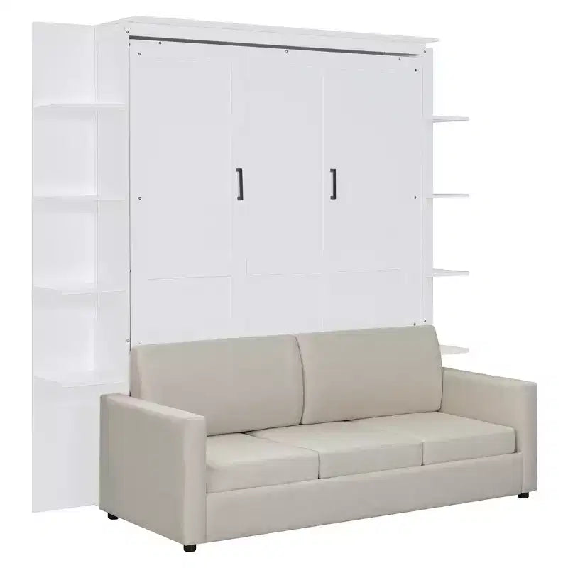 Whisen modernes Murphy-Bett in Queensize mit Holzrahmen, Wandbett mit Sofa und Regalen