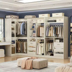 Ensemble Besiost de 3 éléments pour dressing d’angle avec étagères en colonne et tiroirs, organisateur de dressing autoportant avec tringles