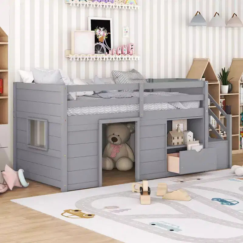 Letto rialzato basso singolo in legno massello da 94,6 L x 42,3 L, con scala, cassetto e ripiano, design moderno e pulito