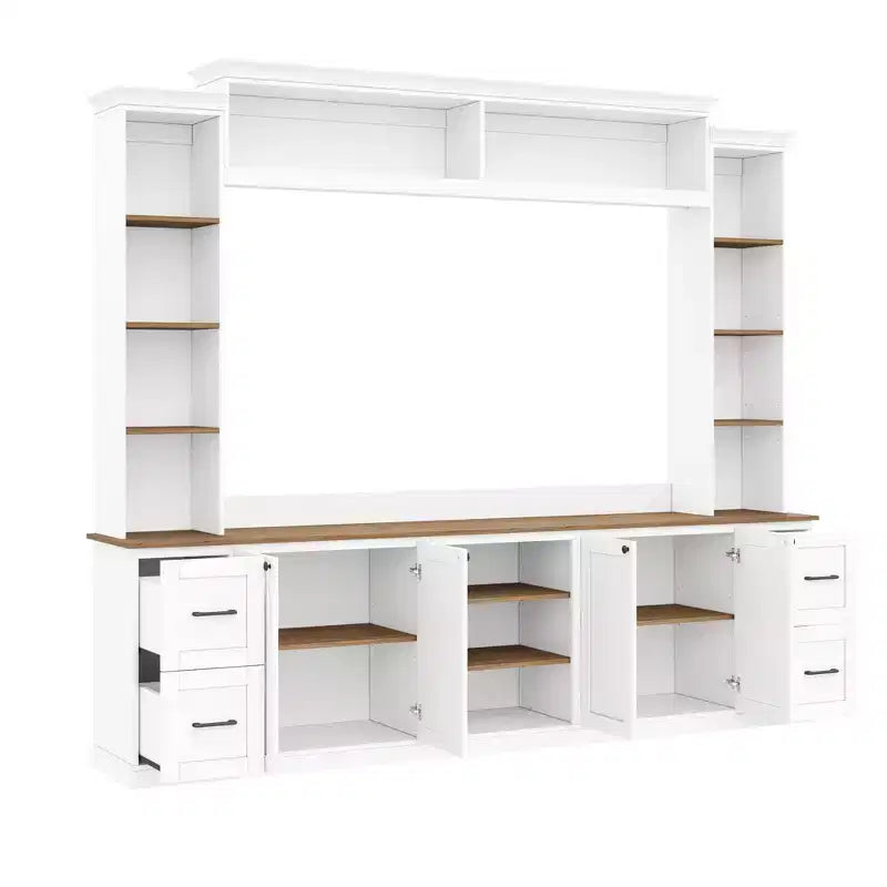 Ensemble mural de centre multimédia de style ferme 4-en-1 ModernLuxe, compatible avec les téléviseurs jusqu'à 70 pouces, meuble TV avec étagères réglables et tiroirs